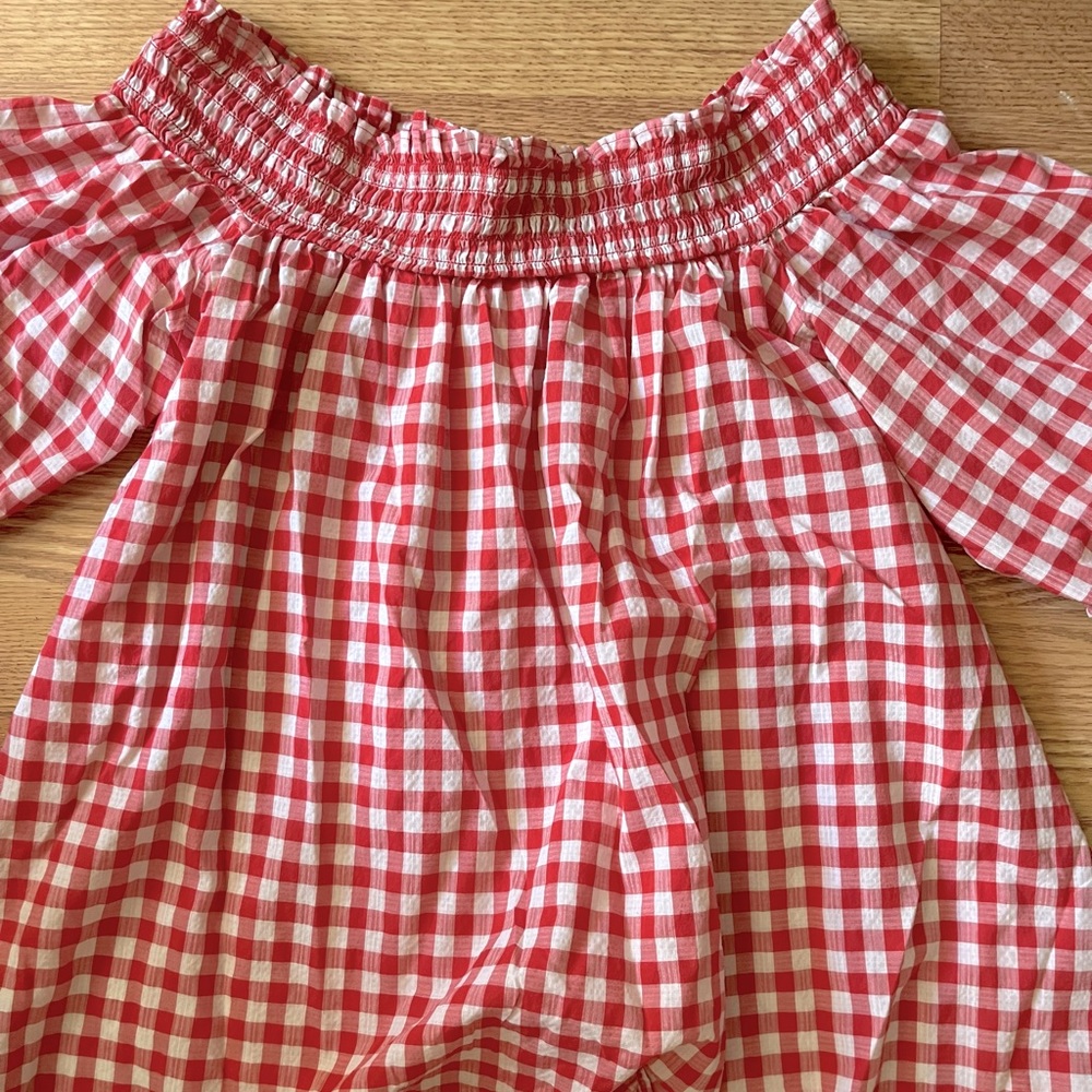 The Loft off the shoulder red and white checker shirt.